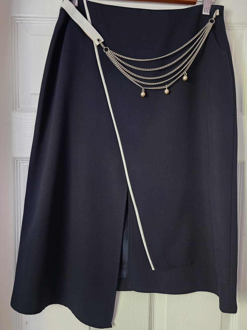 Goya London Asymmetric Wrap Midi Skirt Chain Belt Accent Navy Size UK 10 (US 6)